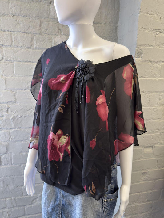 Evogues Black Floral Sheer Poncho Top with Pink Print