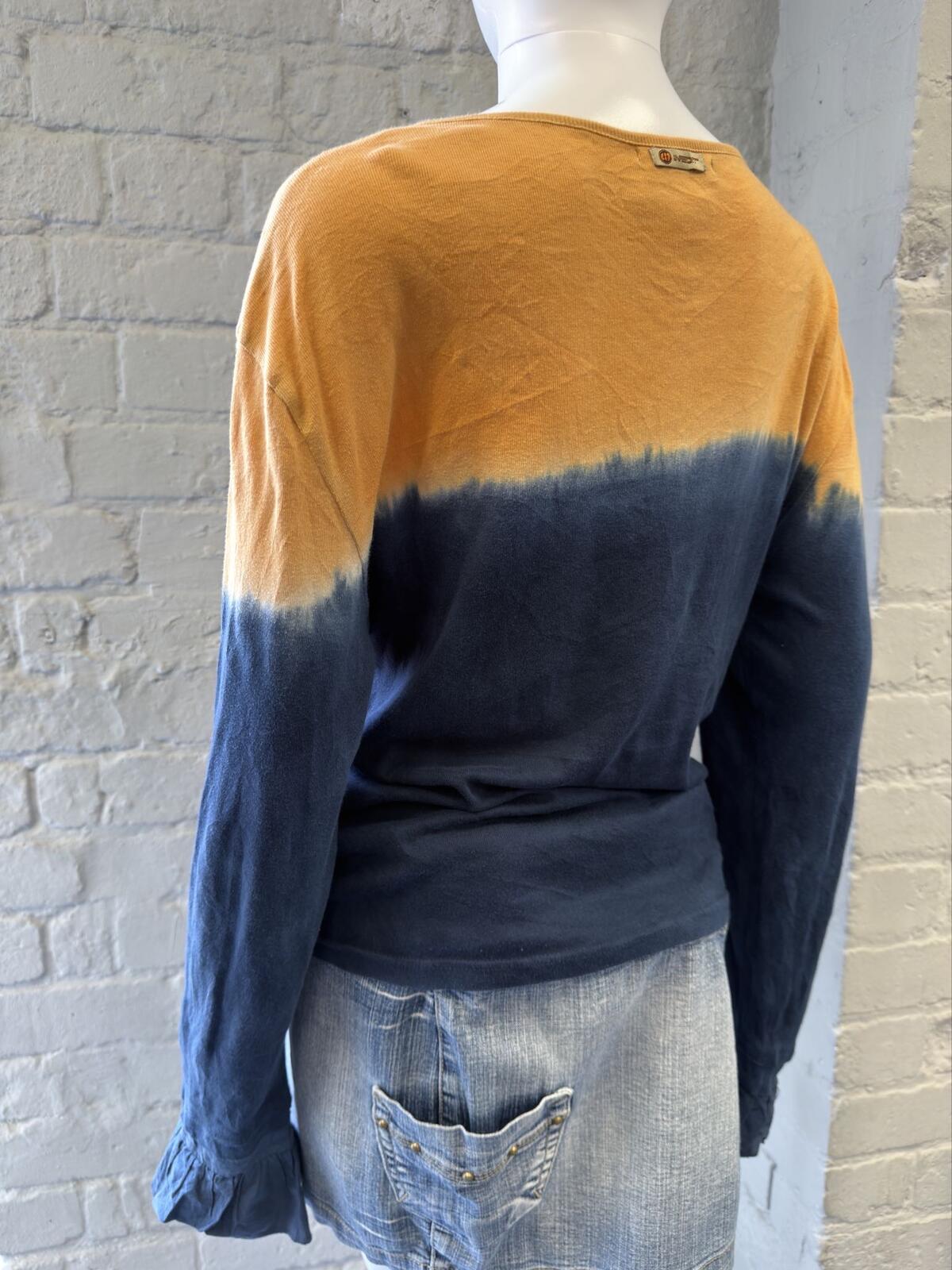 Blue and Mustard Wrap Front Long Sleeve Top