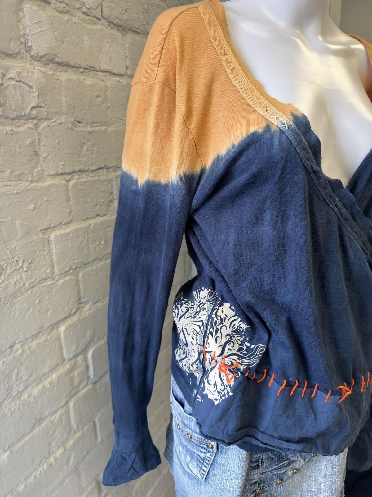 Blue and Mustard Wrap Front Long Sleeve Top