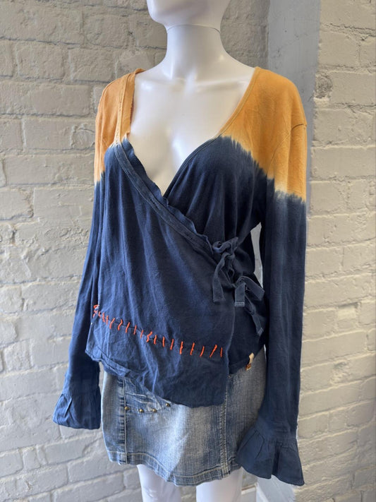 Blue and Mustard Wrap Front Long Sleeve Top