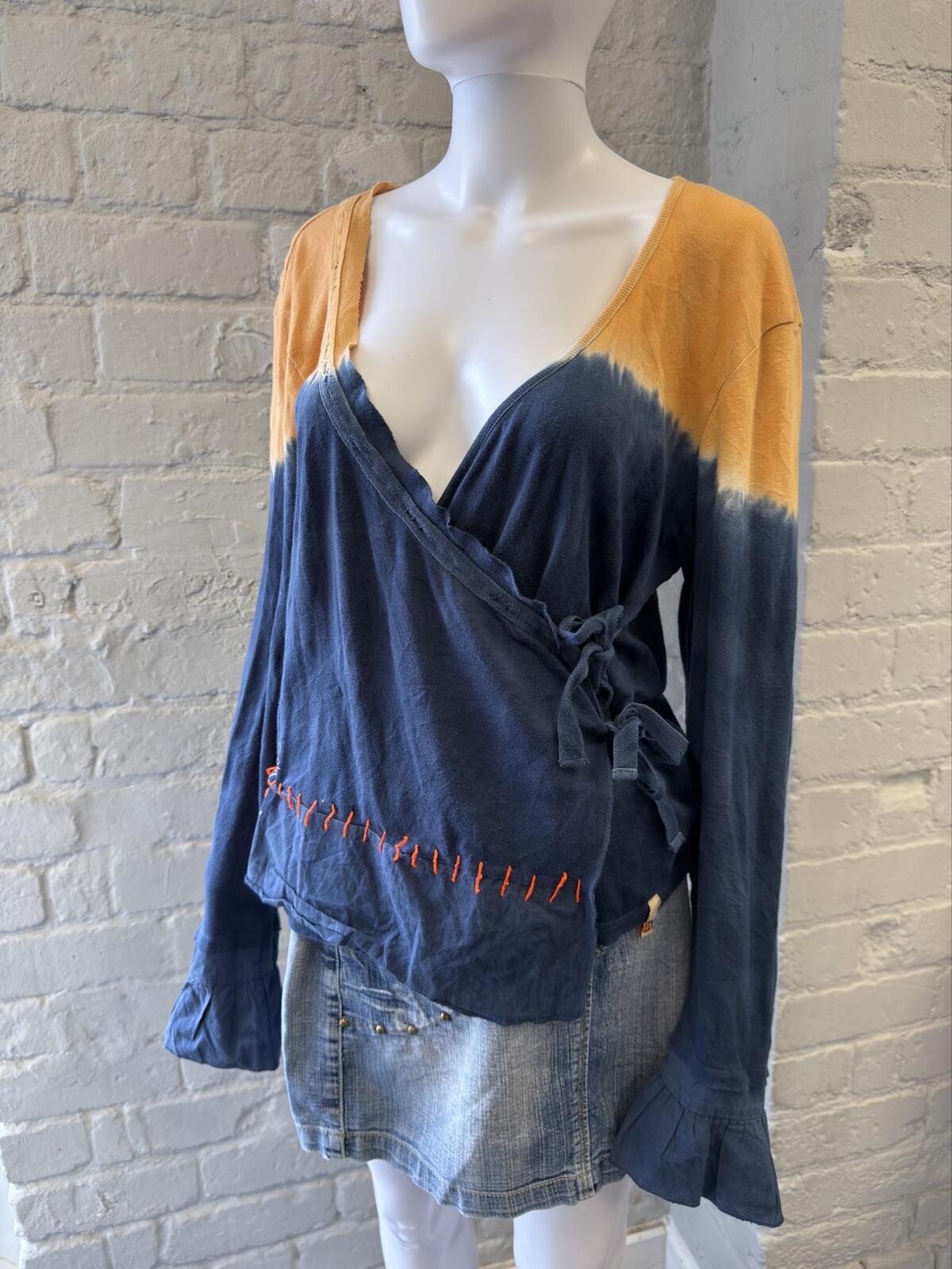 Blue and Mustard Wrap Front Long Sleeve Top