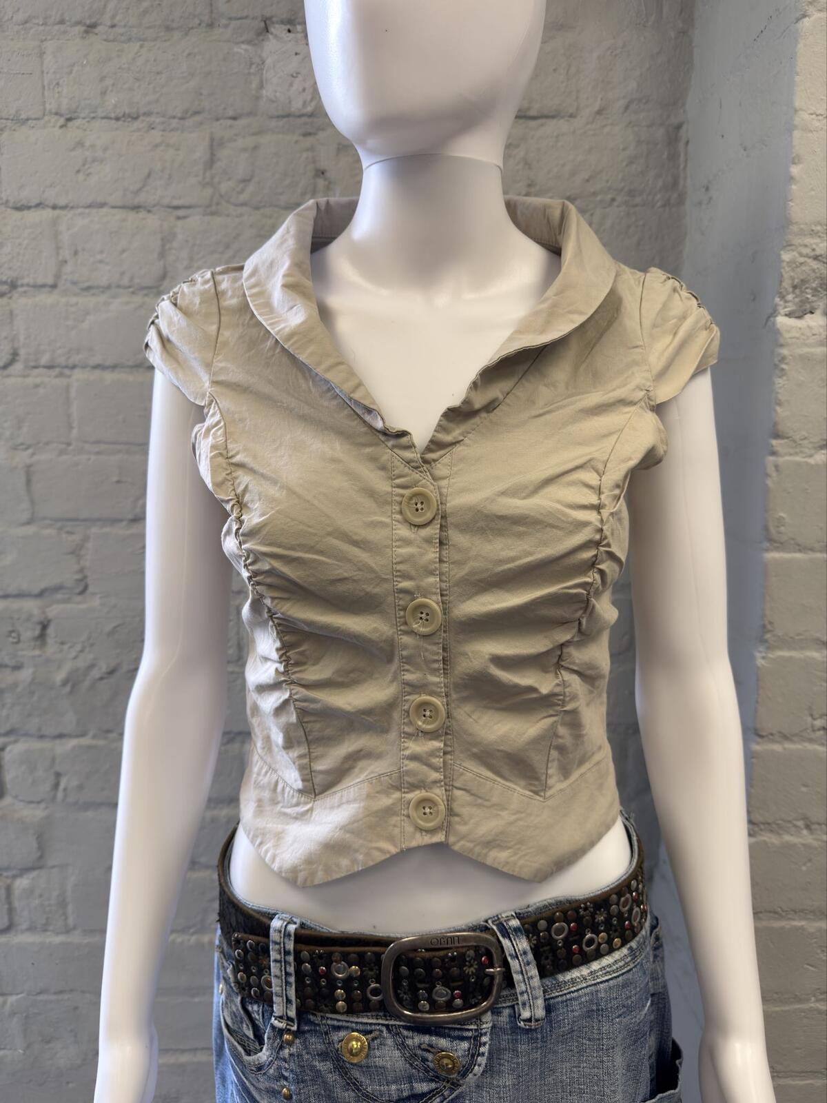 Wet Seal Beige Ruched Button Front Cropped Top