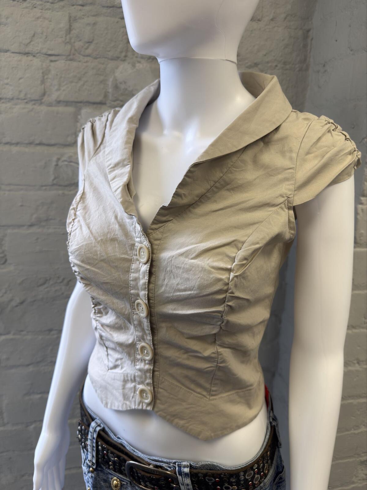 Wet Seal Beige Ruched Button Front Cropped Top
