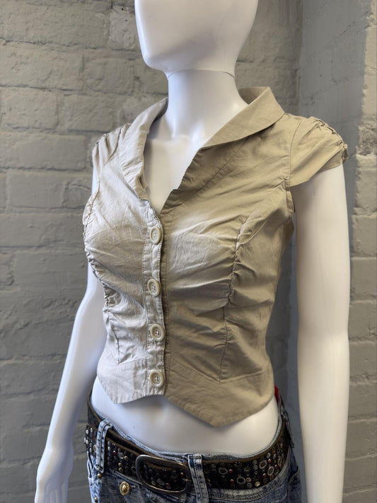 Wet Seal Beige Ruched Button Front Cropped Top