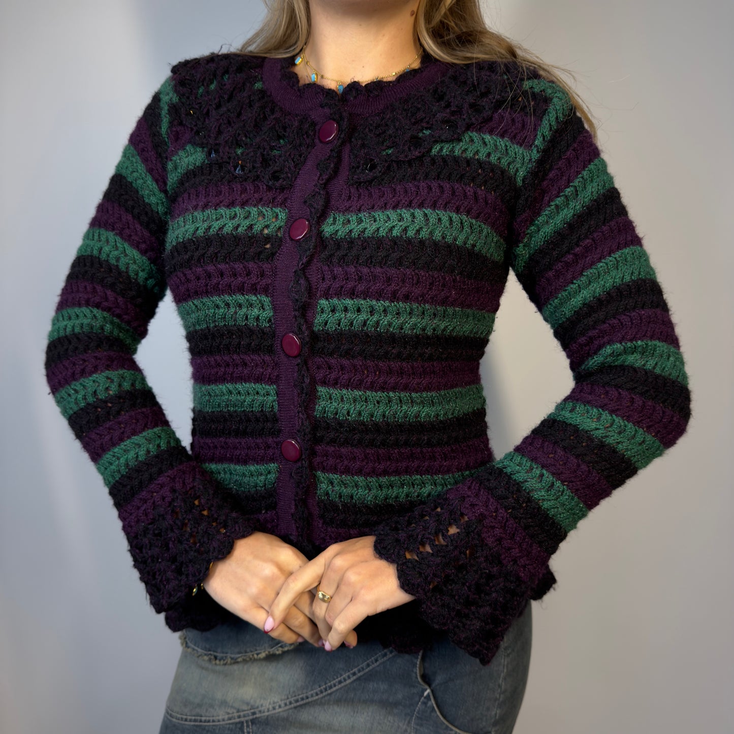 Atam wool purple and green striped knit cardigan
