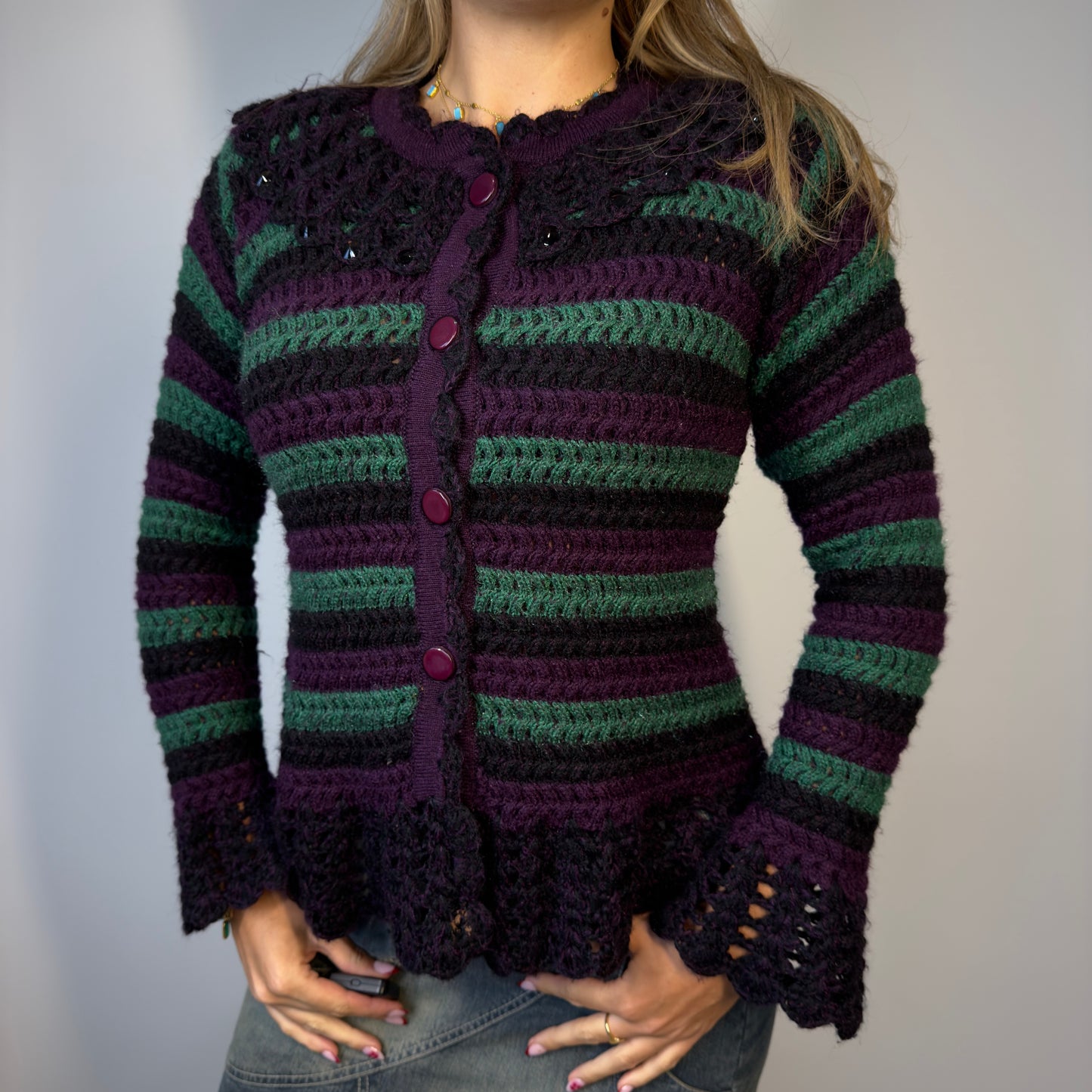 Atam wool purple and green striped knit cardigan