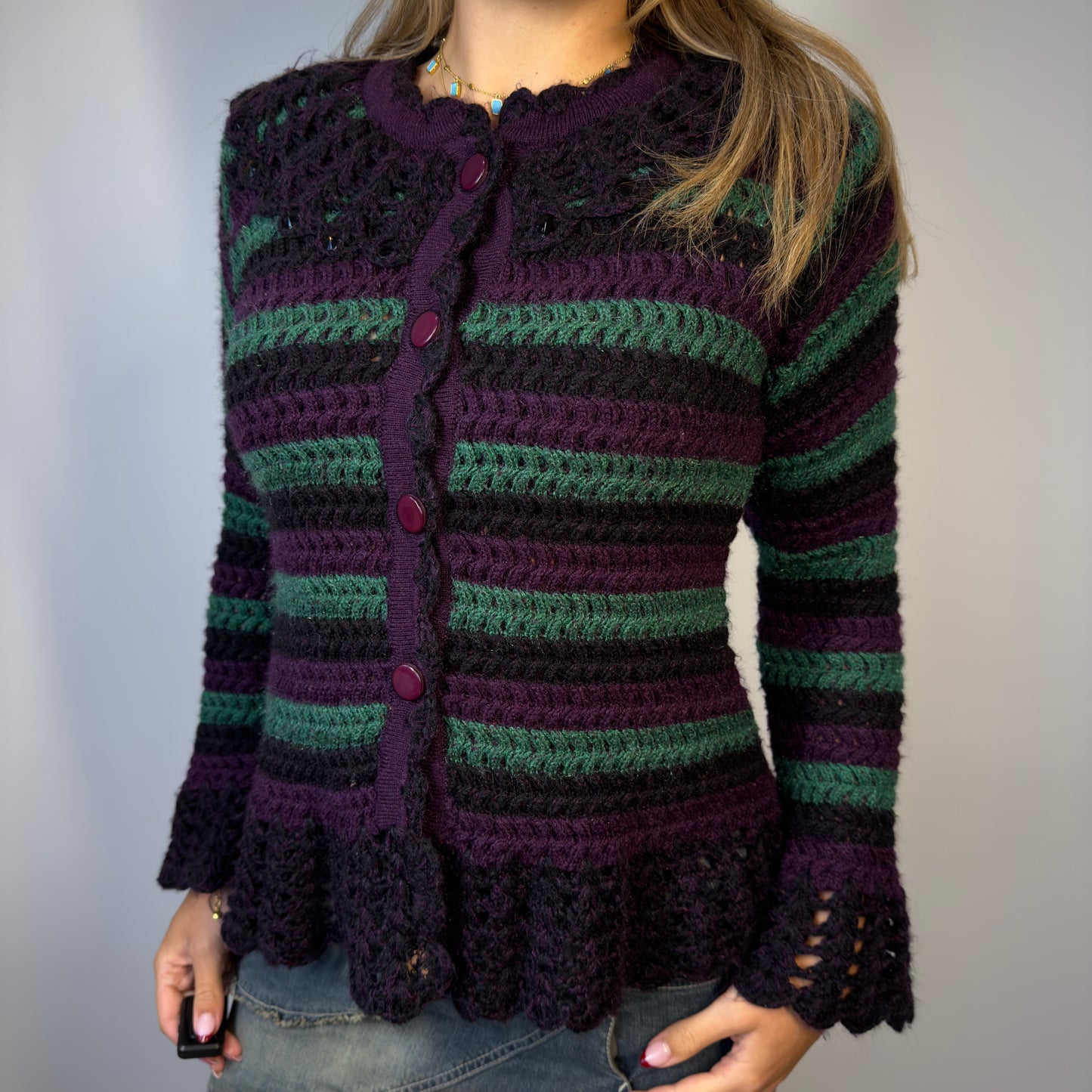 Atam wool purple and green striped knit cardigan