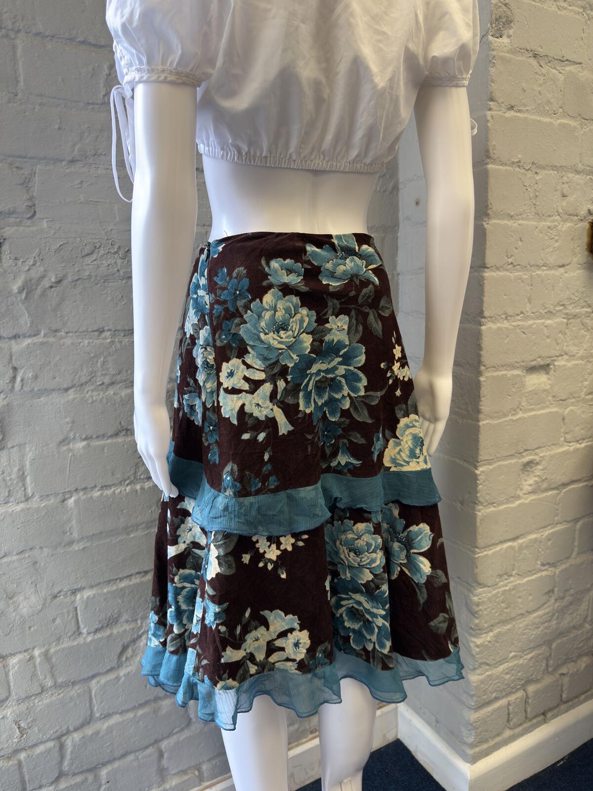 CorteFiel Brown Floral Tiered Ruffle Skirt with Blue Trim UK 14