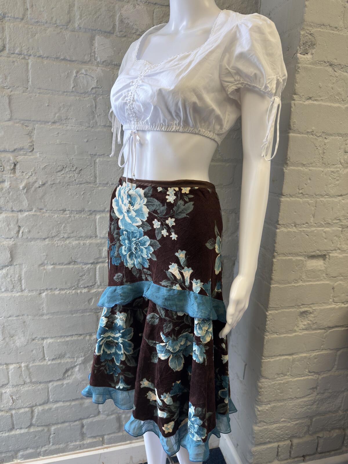 CorteFiel Brown Floral Tiered Ruffle Skirt with Blue Trim UK 14