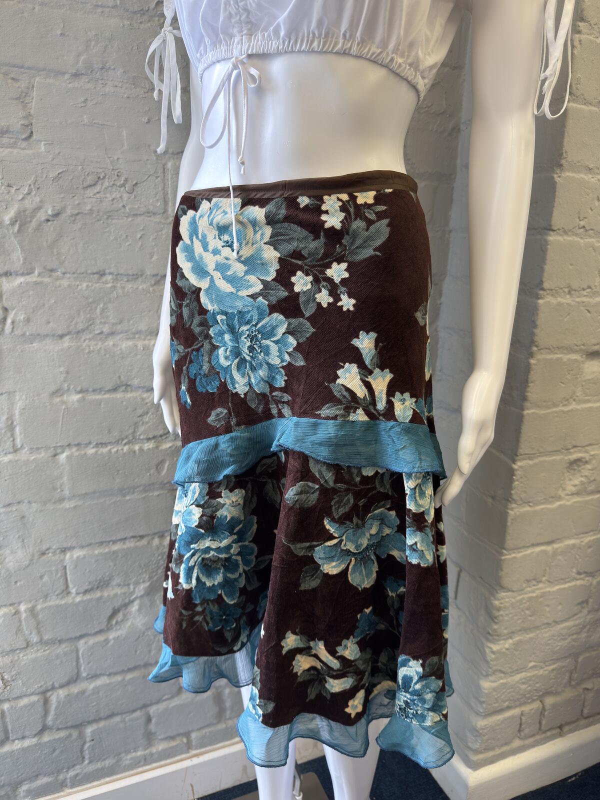 CorteFiel Brown Floral Tiered Ruffle Skirt with Blue Trim UK 14