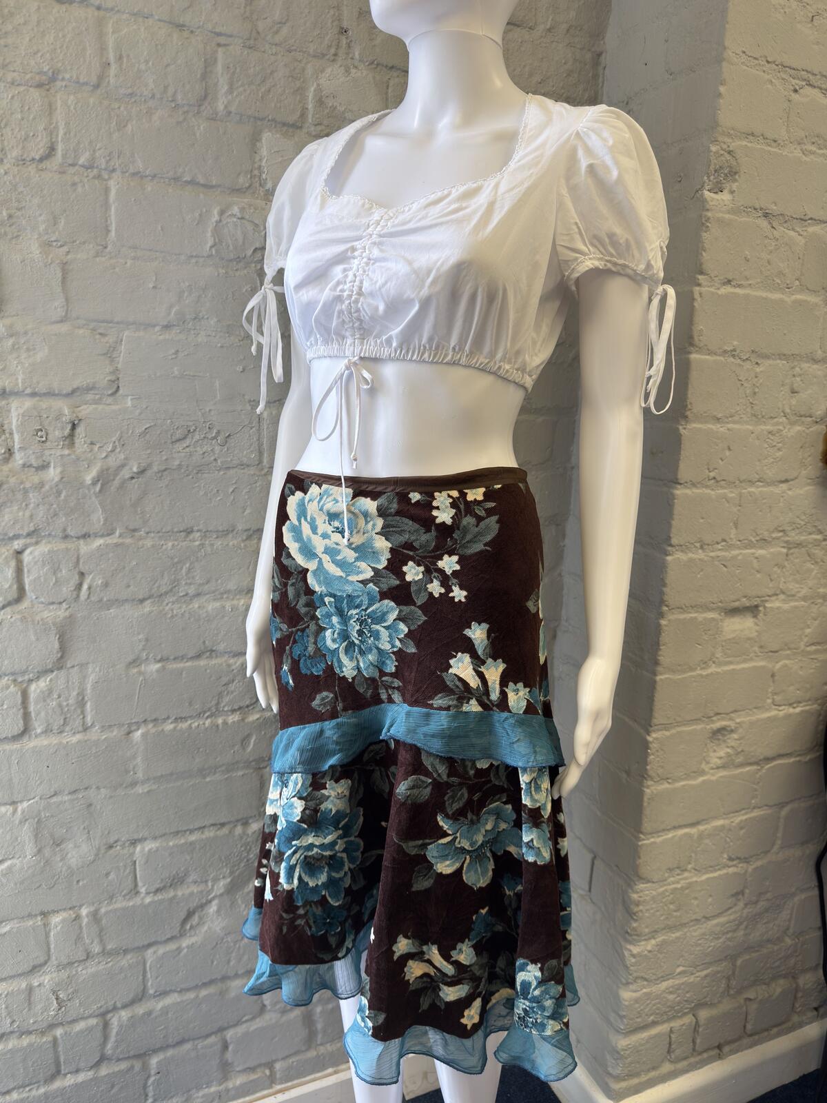 CorteFiel Brown Floral Tiered Ruffle Skirt with Blue Trim UK 14