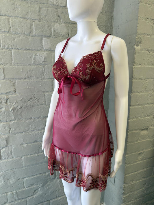 Burgundy Lace Mesh Babydoll Lingerie Dress