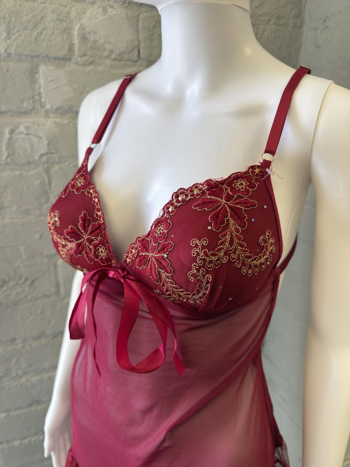 Burgundy Lace Mesh Babydoll Lingerie Dress