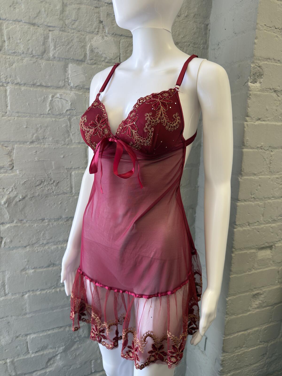 Burgundy Lace Mesh Babydoll Lingerie Dress