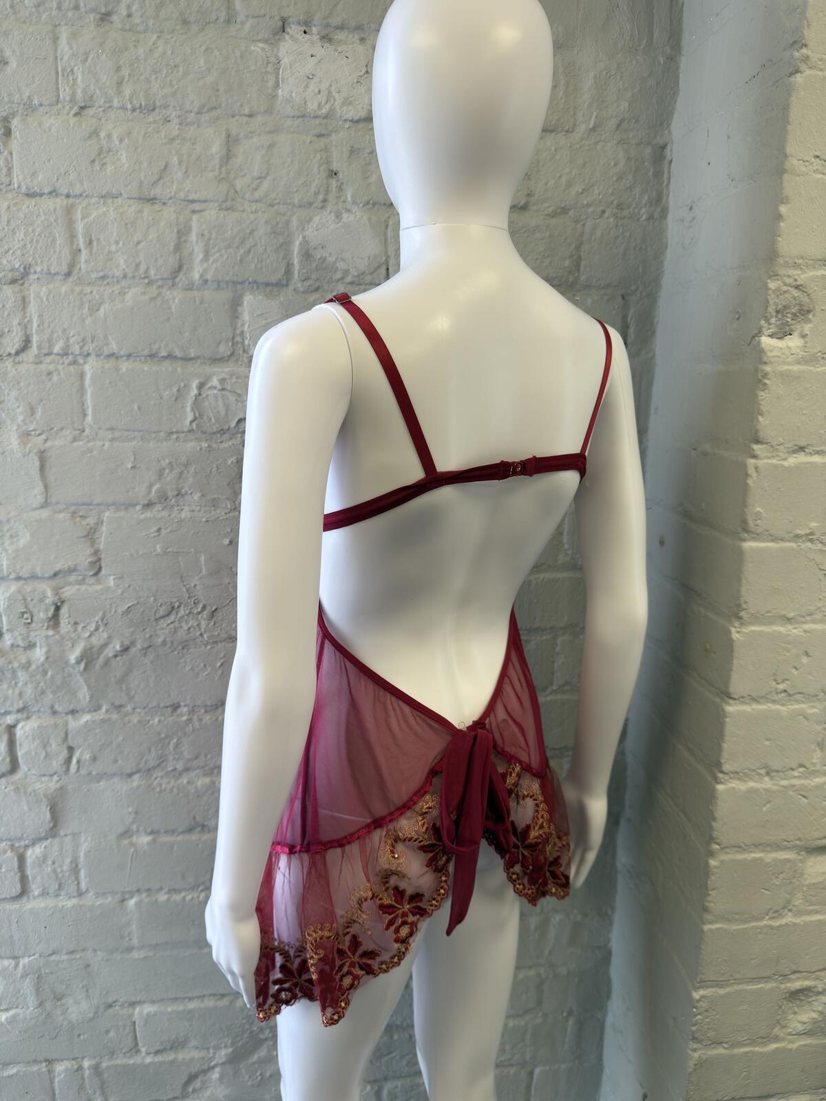 Burgundy Lace Mesh Babydoll Lingerie Dress