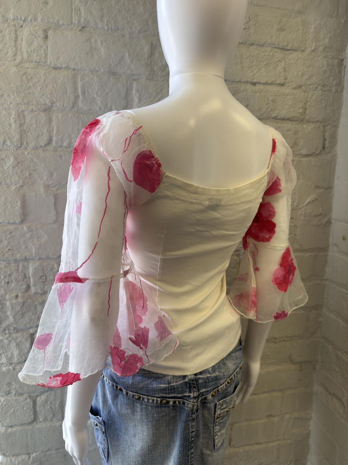 ESINK Collection White and Pink Floral Sheer Sleeve Blouse UK 8