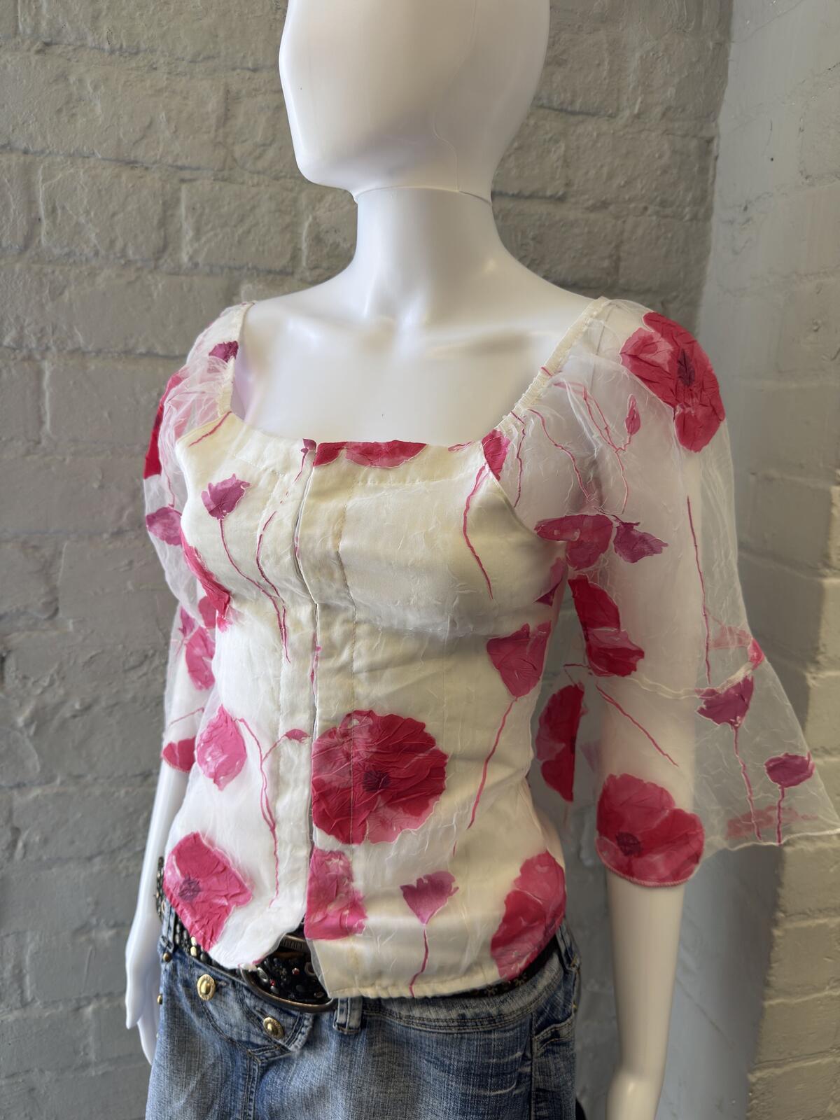 ESINK Collection White and Pink Floral Sheer Sleeve Blouse UK 8