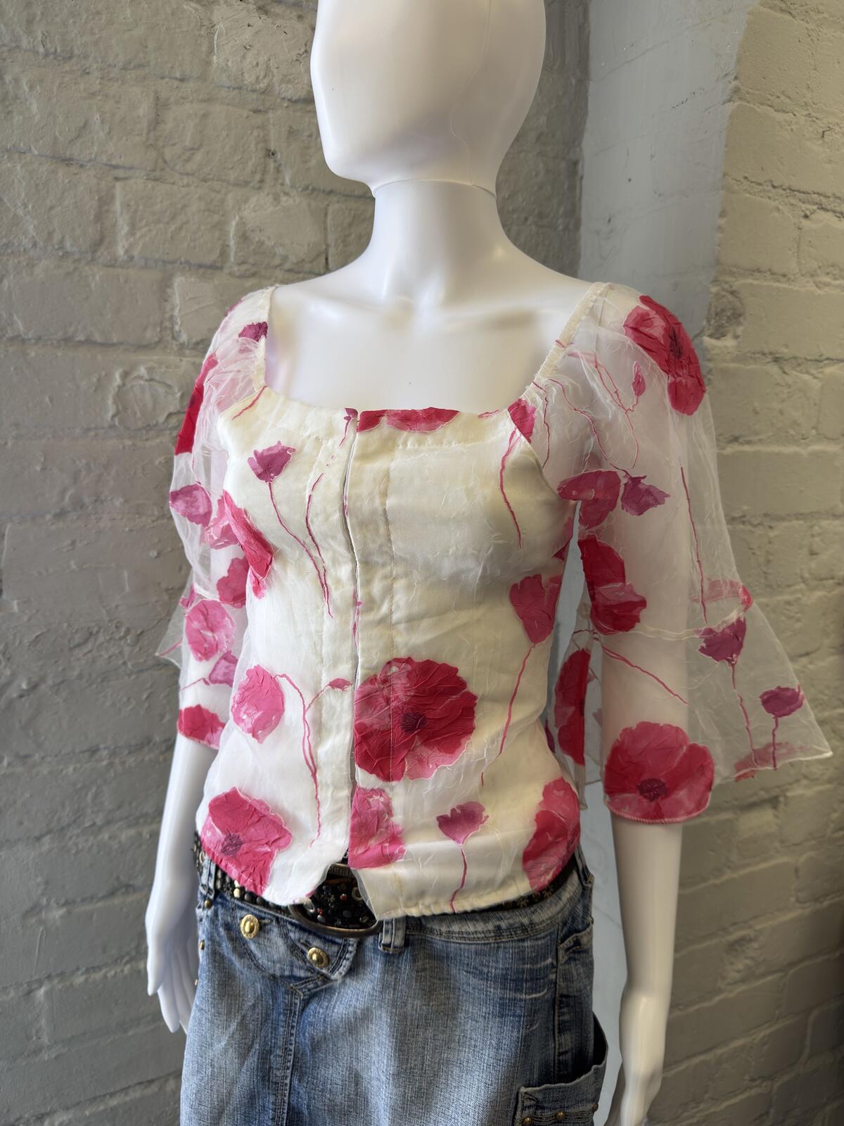 ESINK Collection White and Pink Floral Sheer Sleeve Blouse UK 8