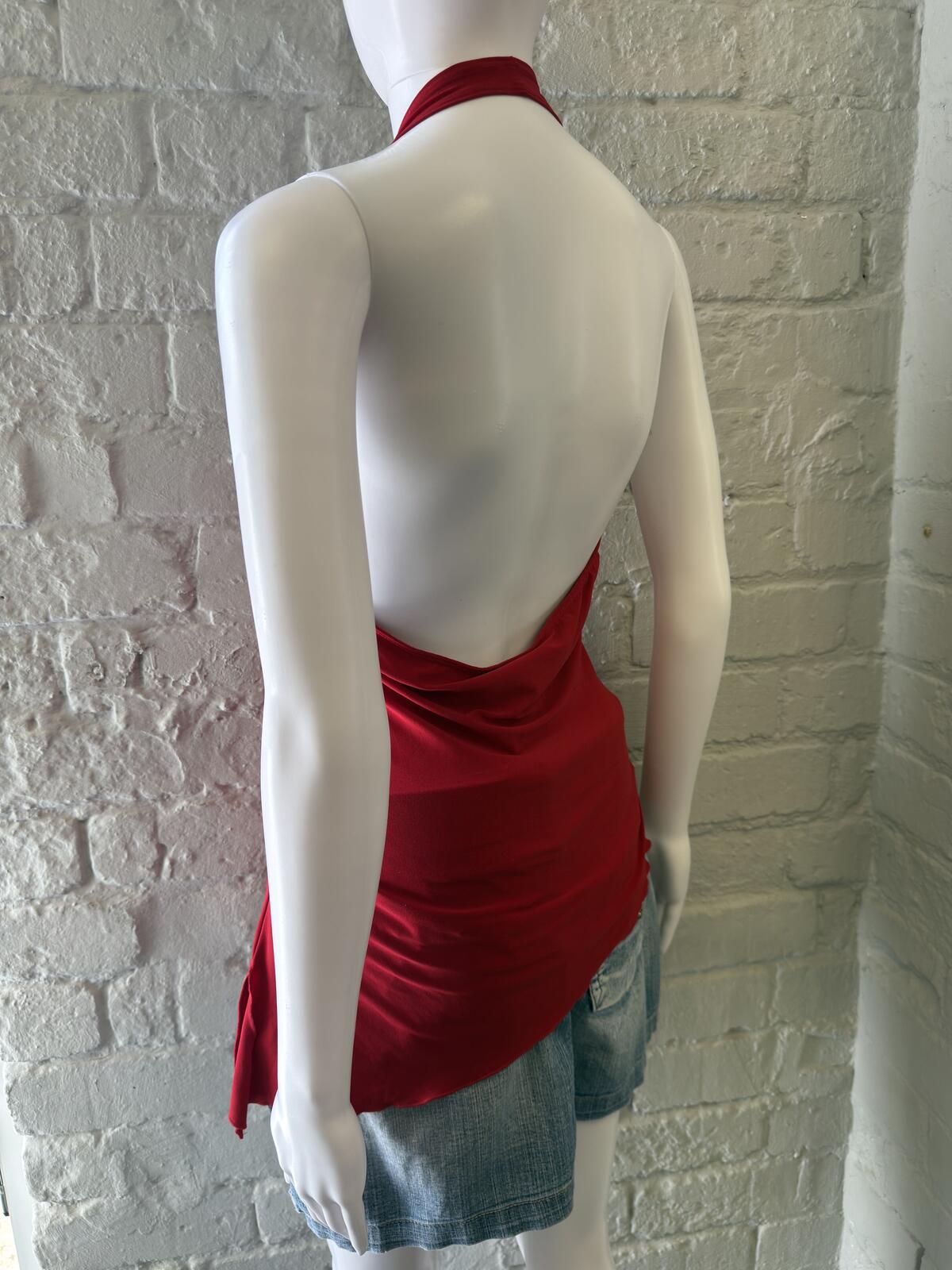 Red Halter Lace-Insert Open Back Top