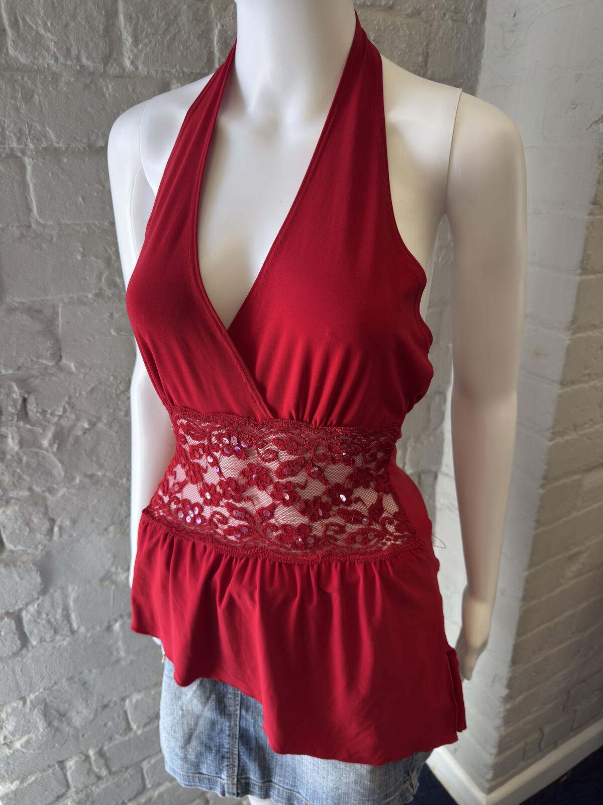 Red Halter Lace-Insert Open Back Top
