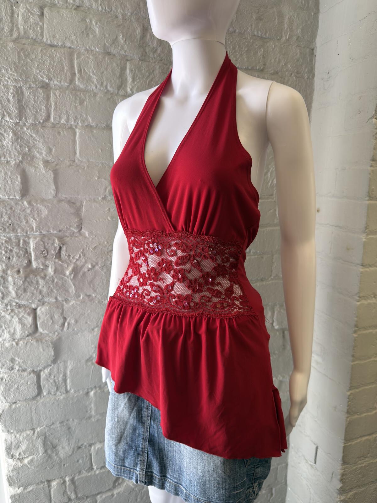 Red Halter Lace-Insert Open Back Top