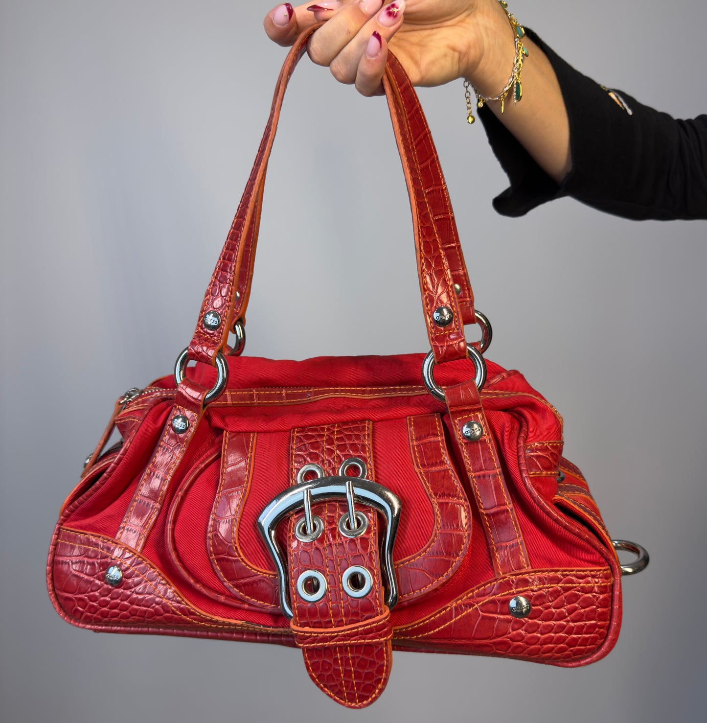 Red croc effect handbag with silver buckle