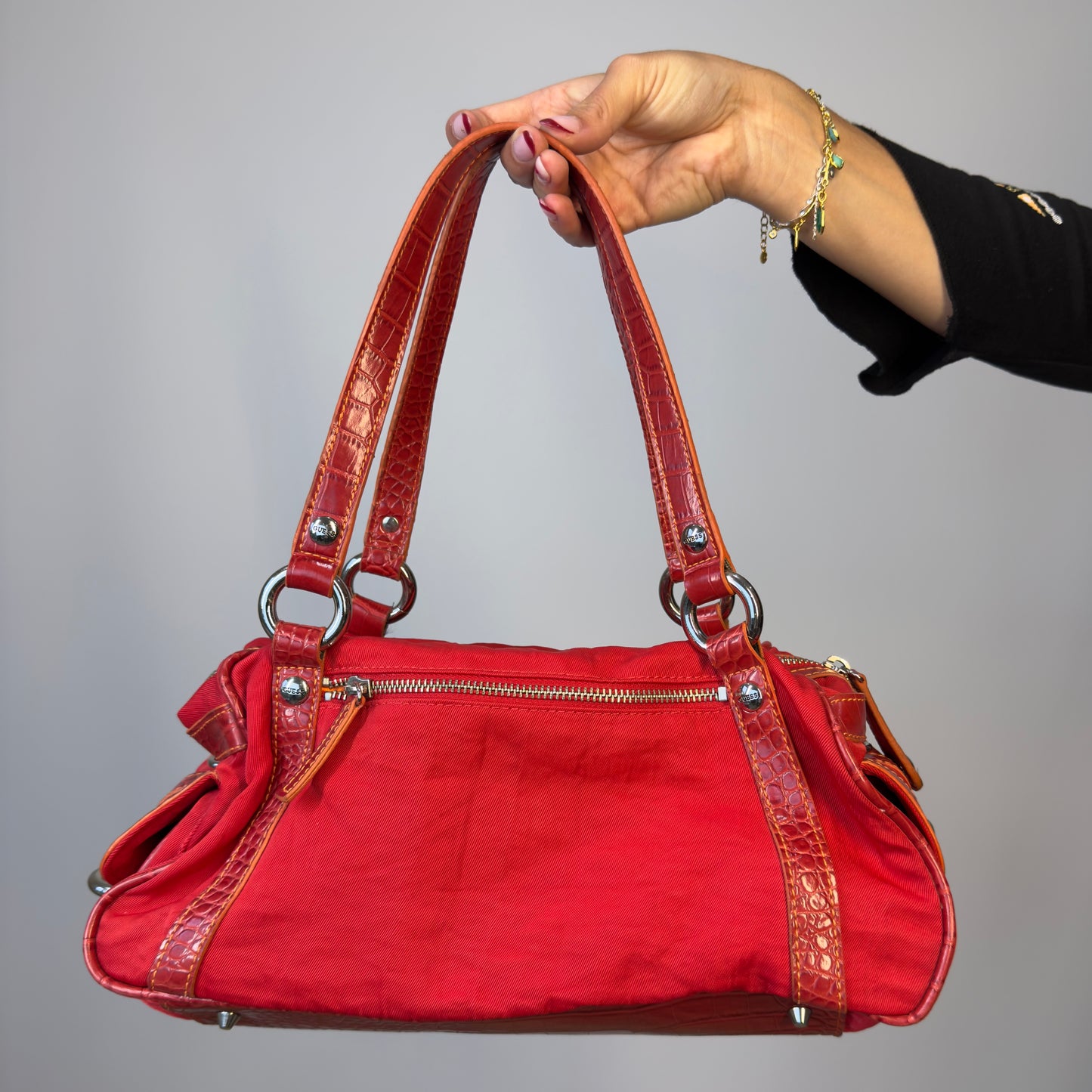 Red croc effect handbag with silver buckle