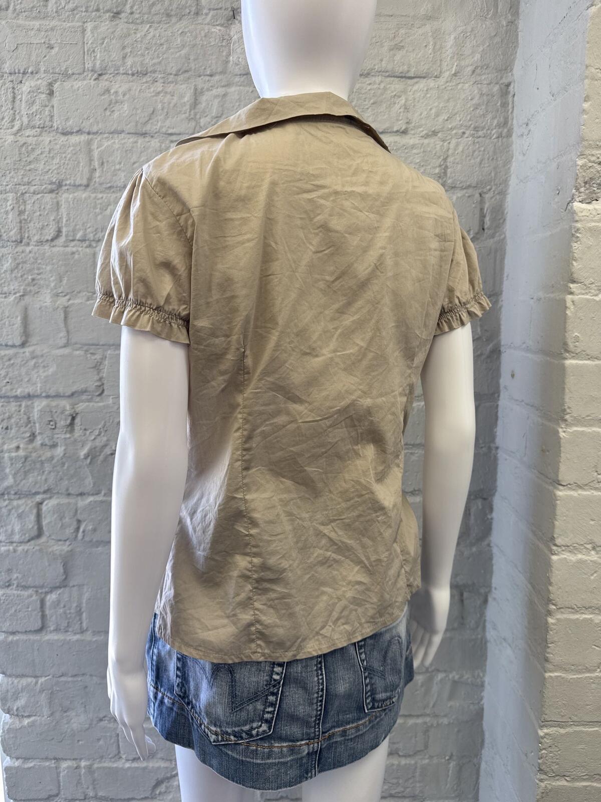Beige Ruffle Collar Button-Up Short Sleeve Blouse