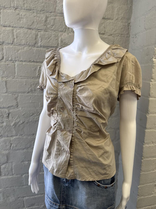Beige Ruffle Collar Button-Up Short Sleeve Blouse