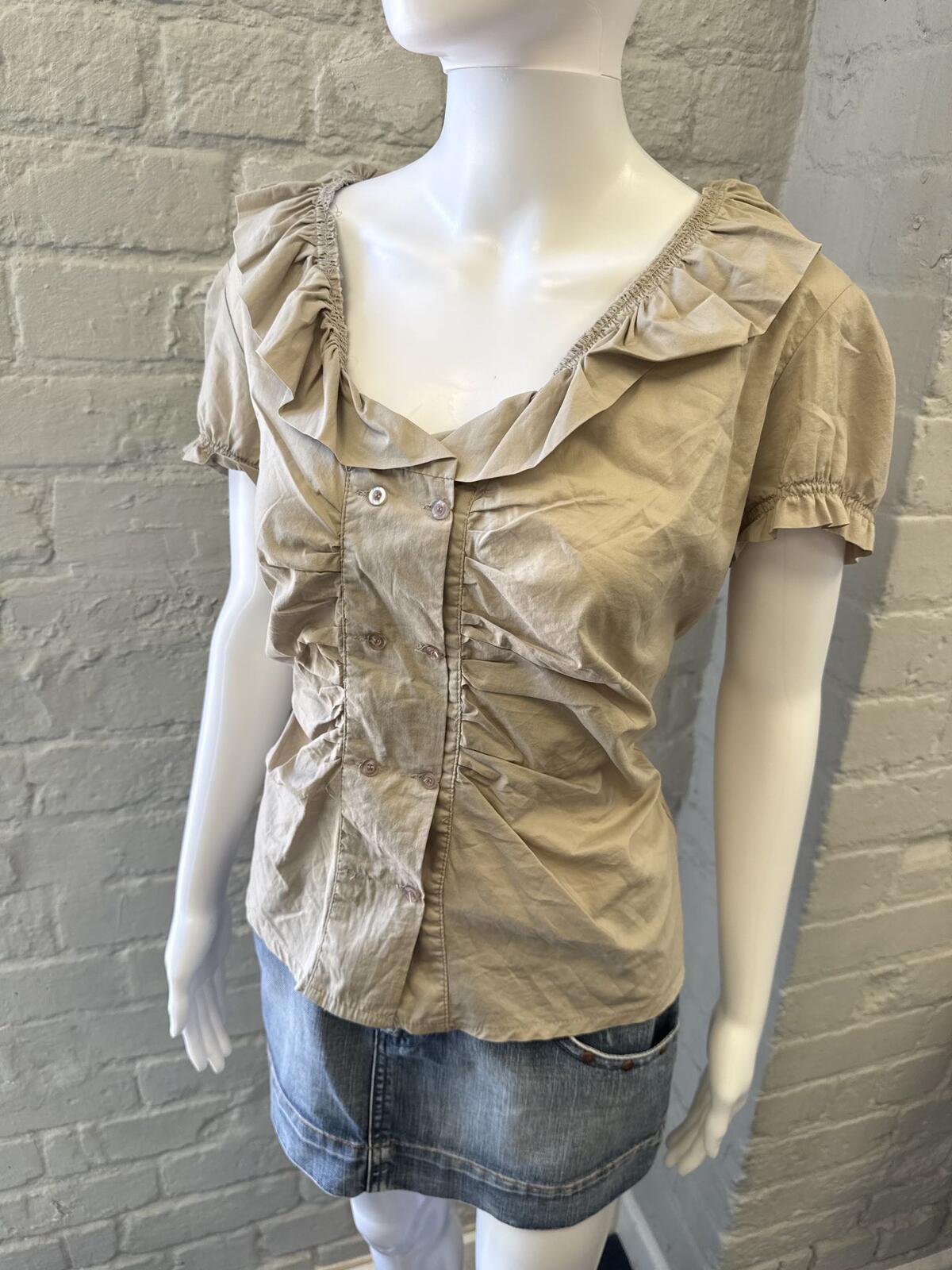 Beige Ruffle Collar Button-Up Short Sleeve Blouse