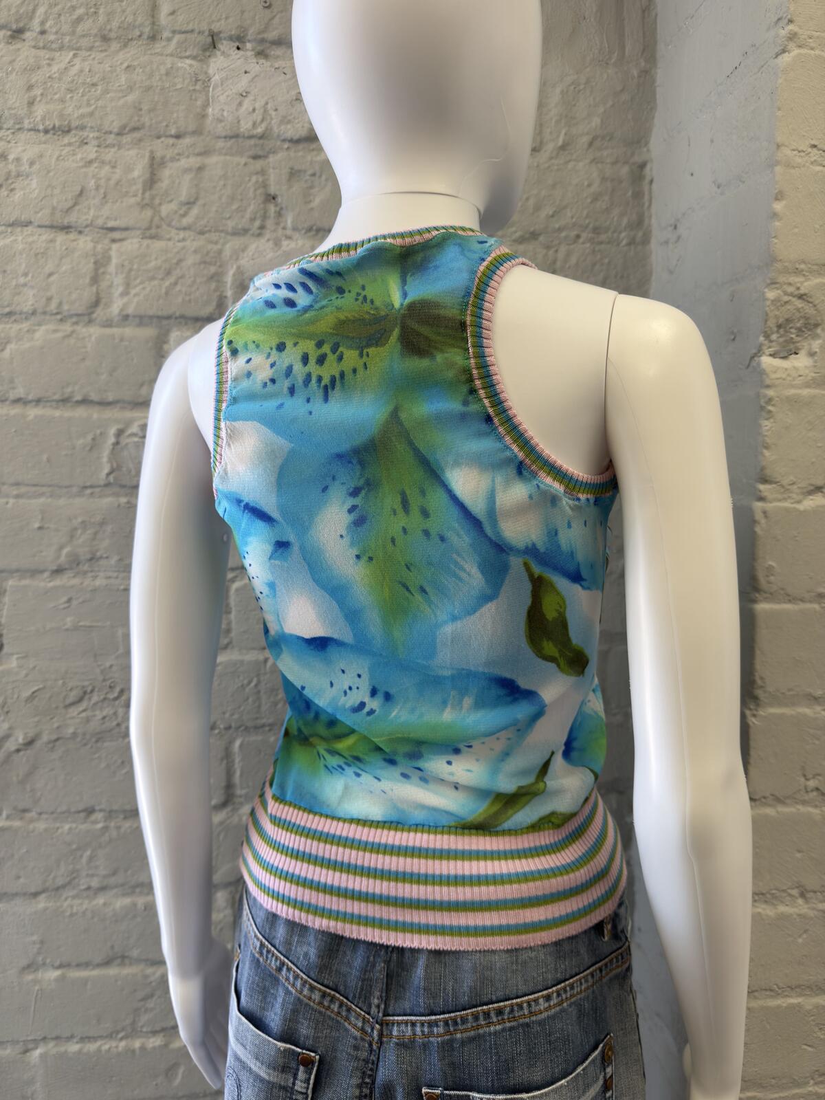 Blue Floral Sleeveless Top with Striped Waistband