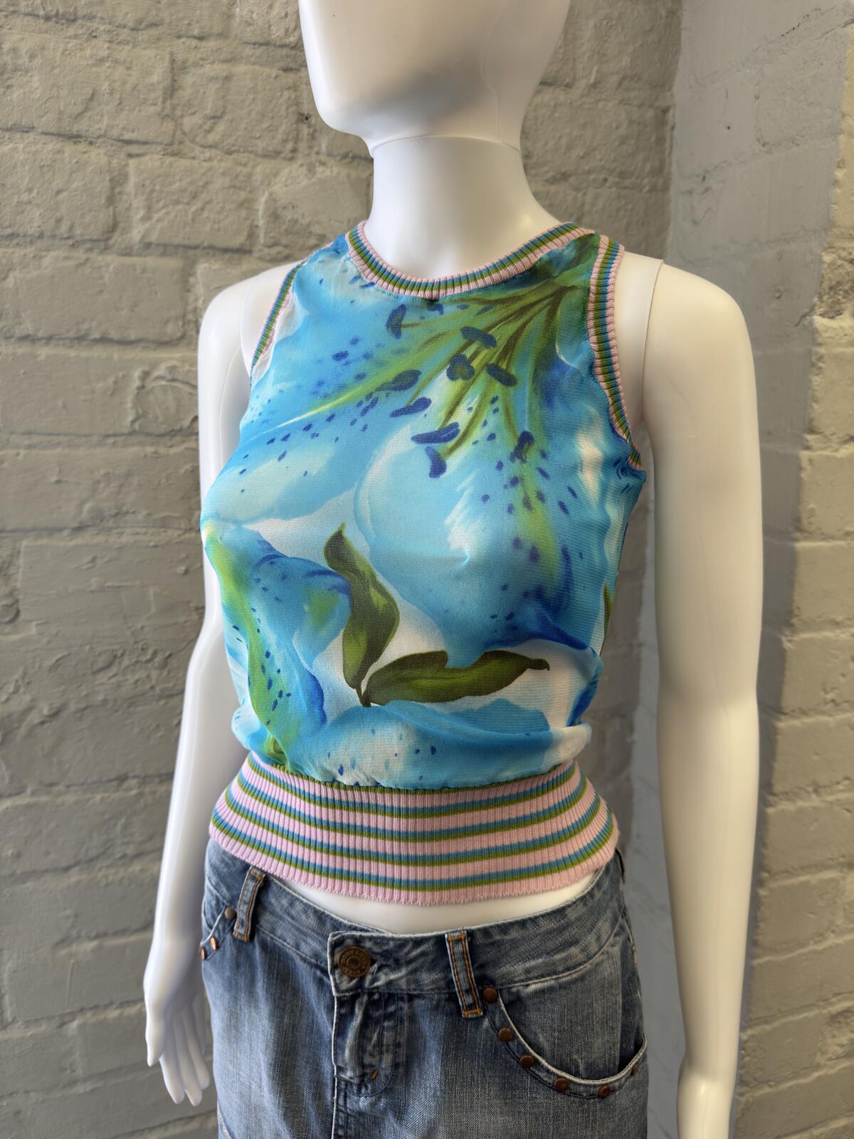 Blue Floral Sleeveless Top with Striped Waistband