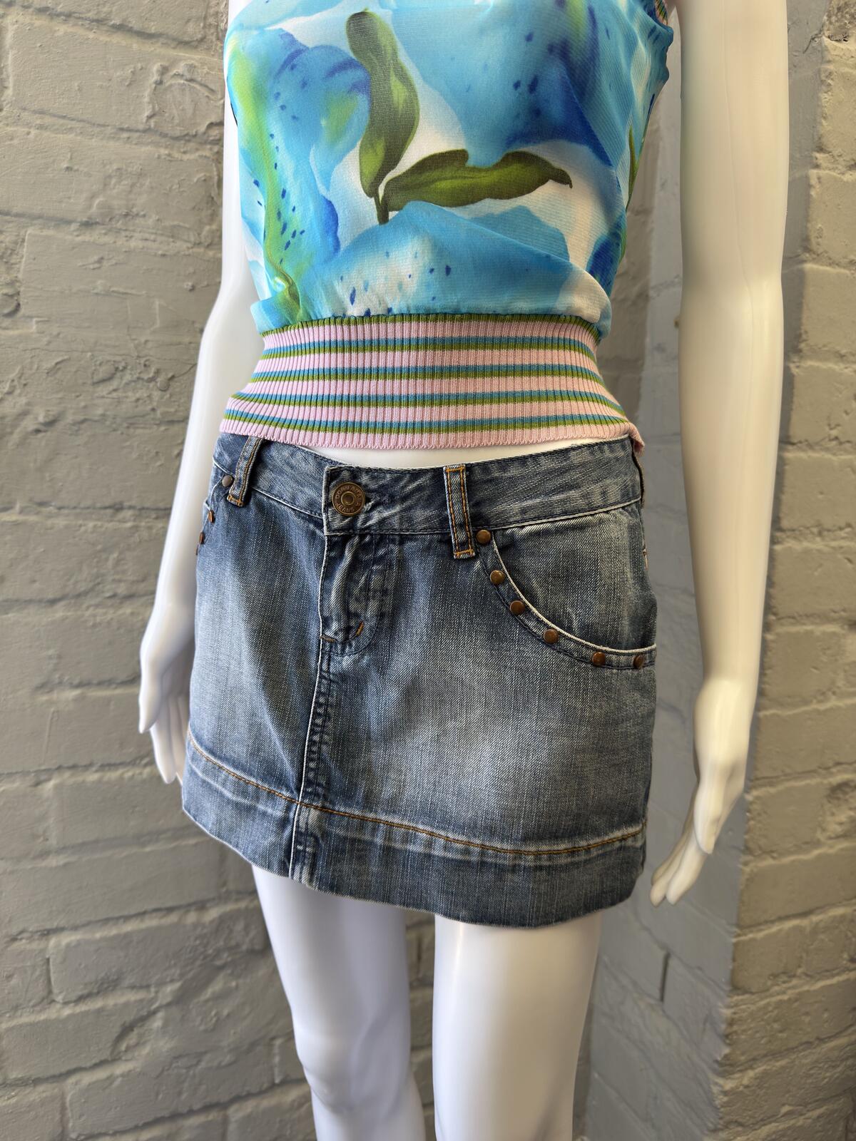 Donn Amara Denim Mini Skirt with Studded Pockets