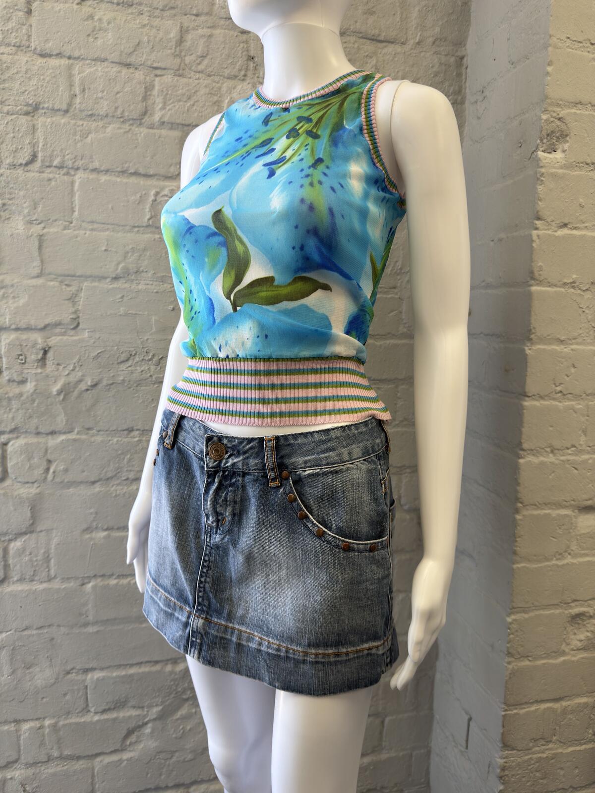 Blue Floral Sleeveless Top with Striped Waistband
