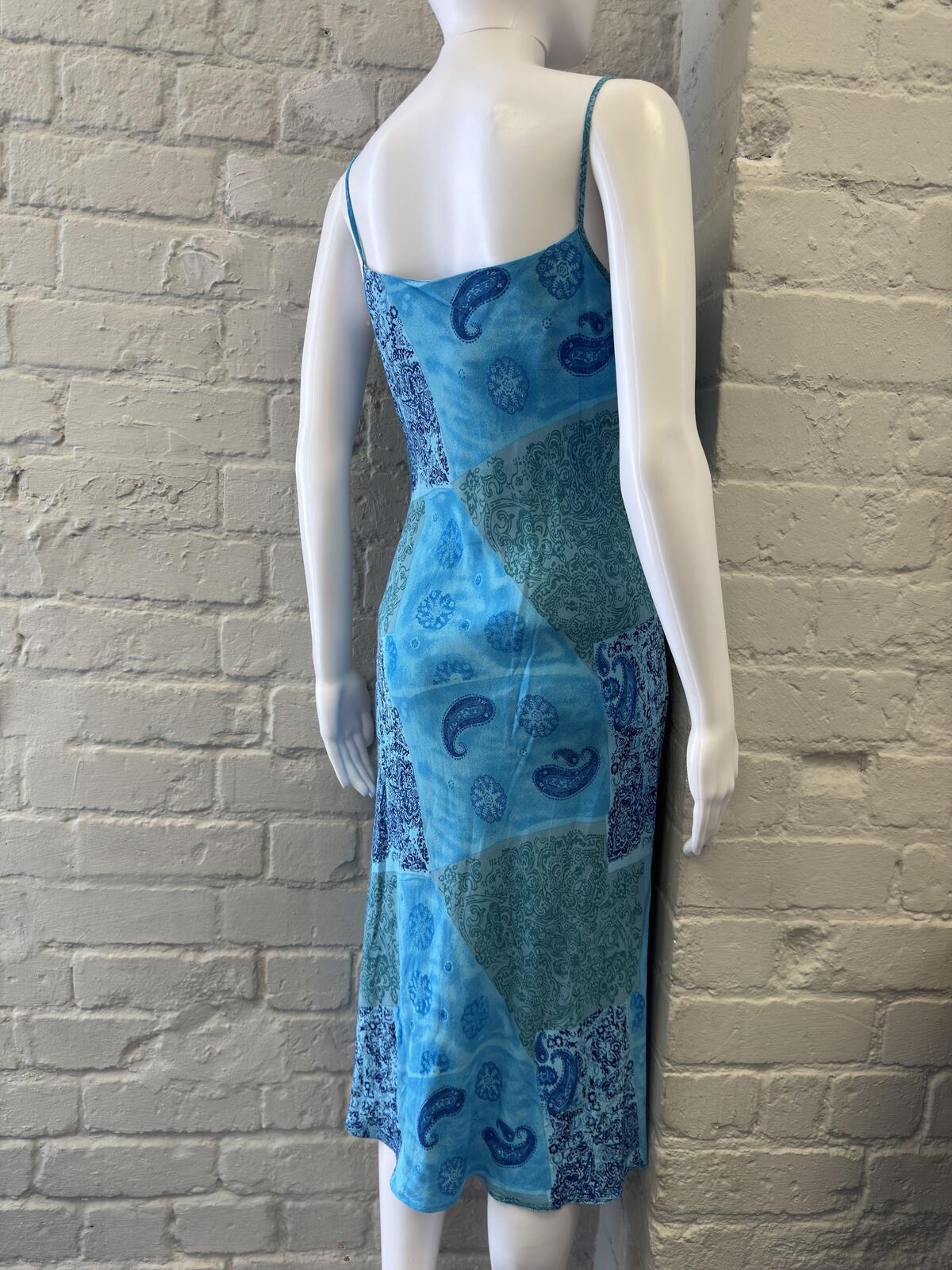 Amaranto Blue Paisley Patchwork Slip Dress with Spaghetti Straps