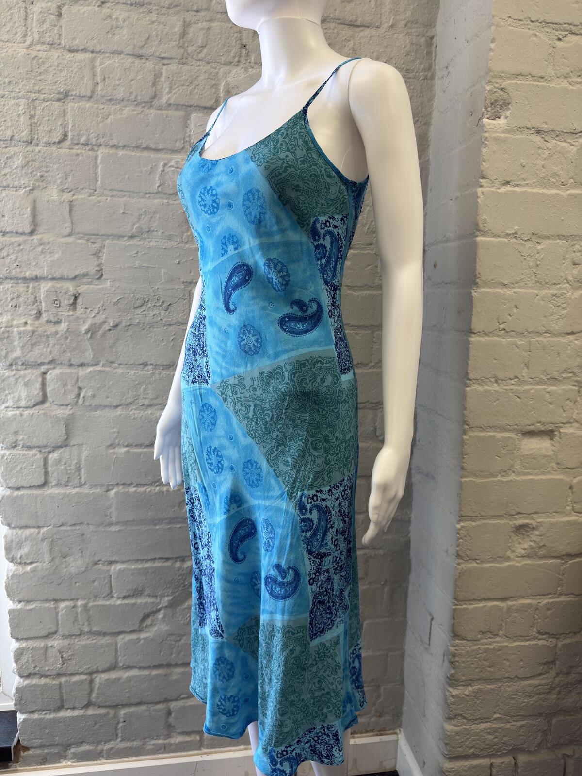 Amaranto Blue Paisley Patchwork Slip Dress with Spaghetti Straps