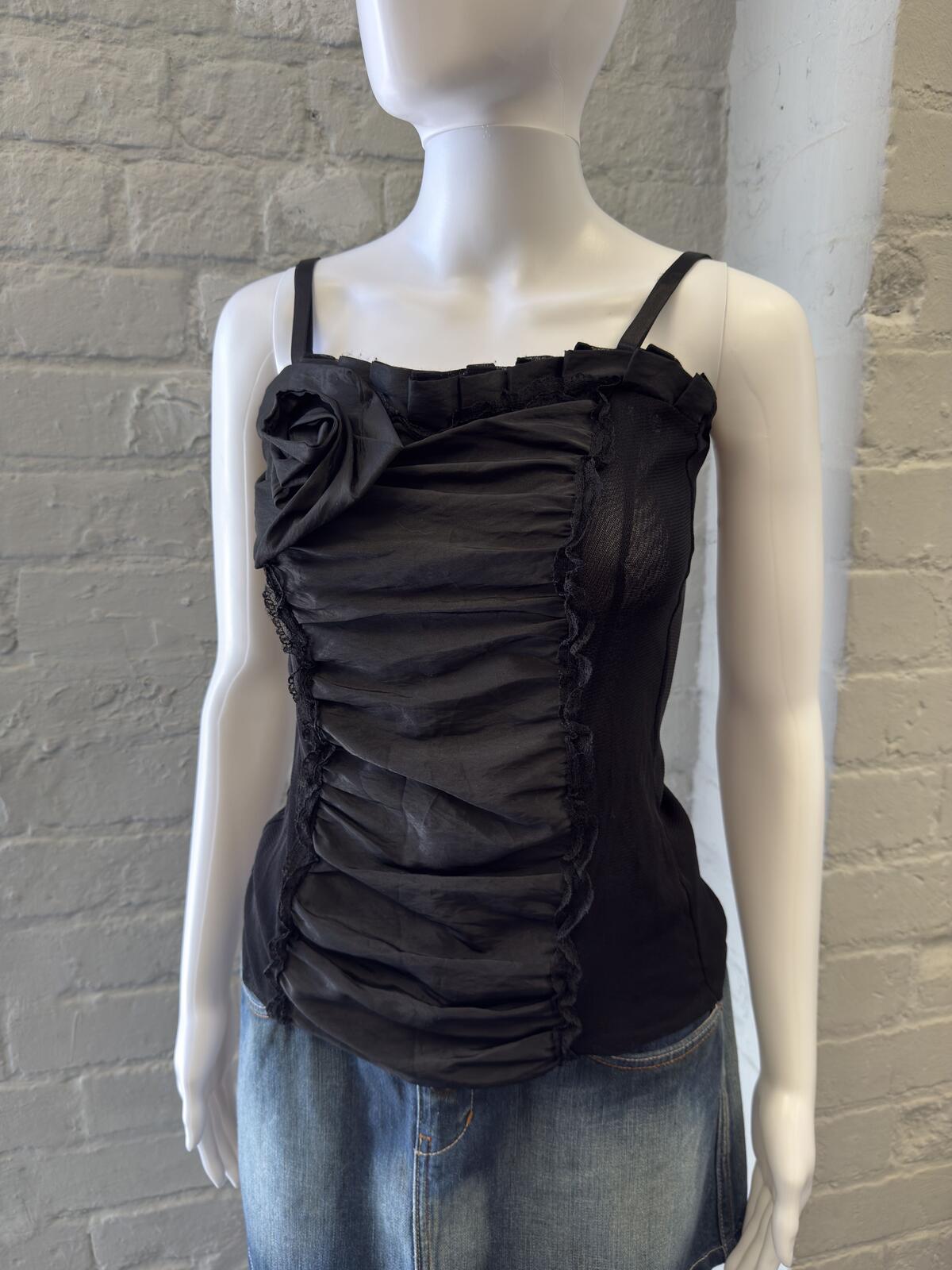 Black Ruched Sheer Mesh Camisole Top with Adjustable Straps
