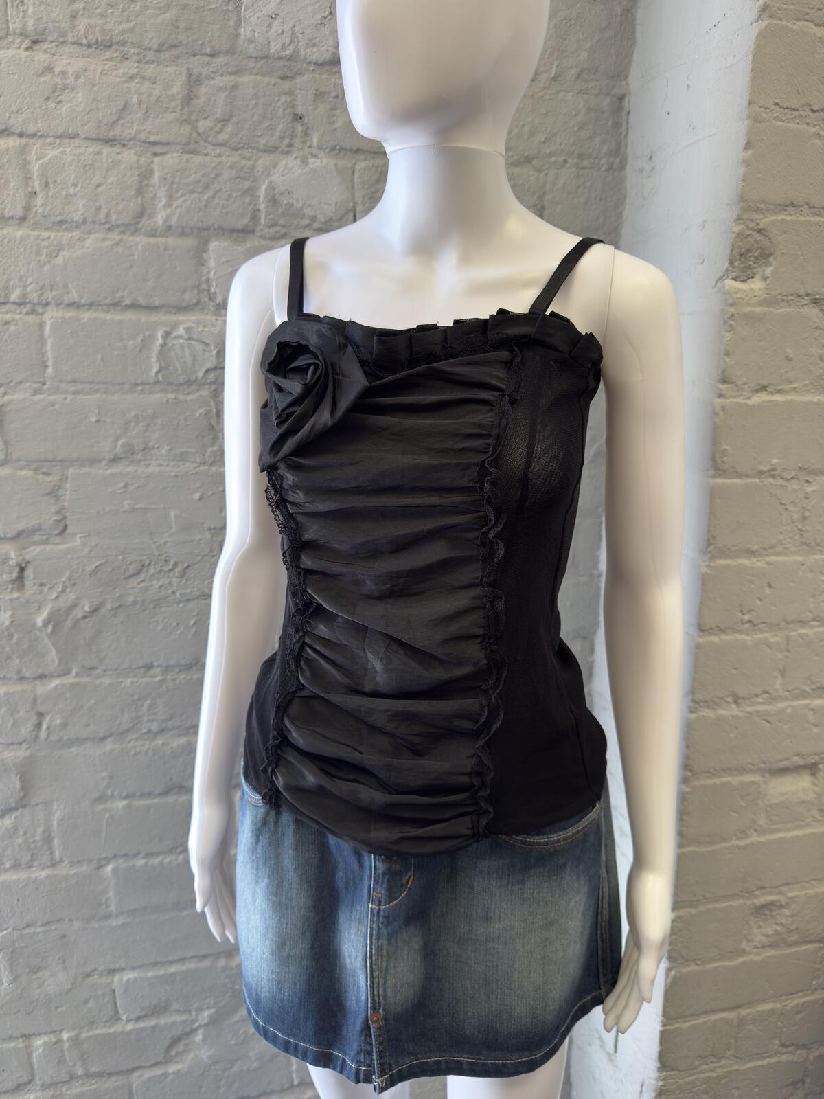 Black Ruched Sheer Mesh Camisole Top with Adjustable Straps
