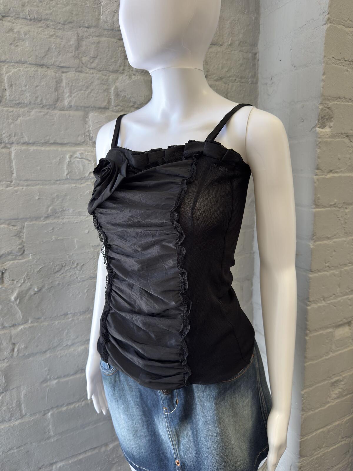Black Ruched Sheer Mesh Camisole Top with Adjustable Straps