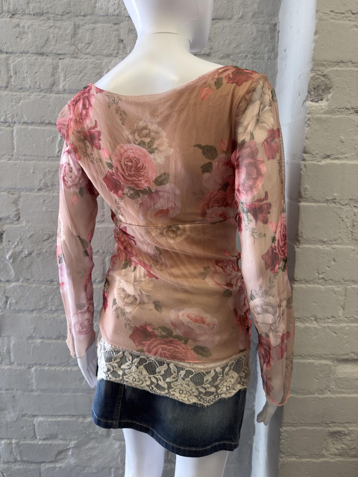 Nuna Lie Floral Mesh Long Sleeve Top with Lace Trim