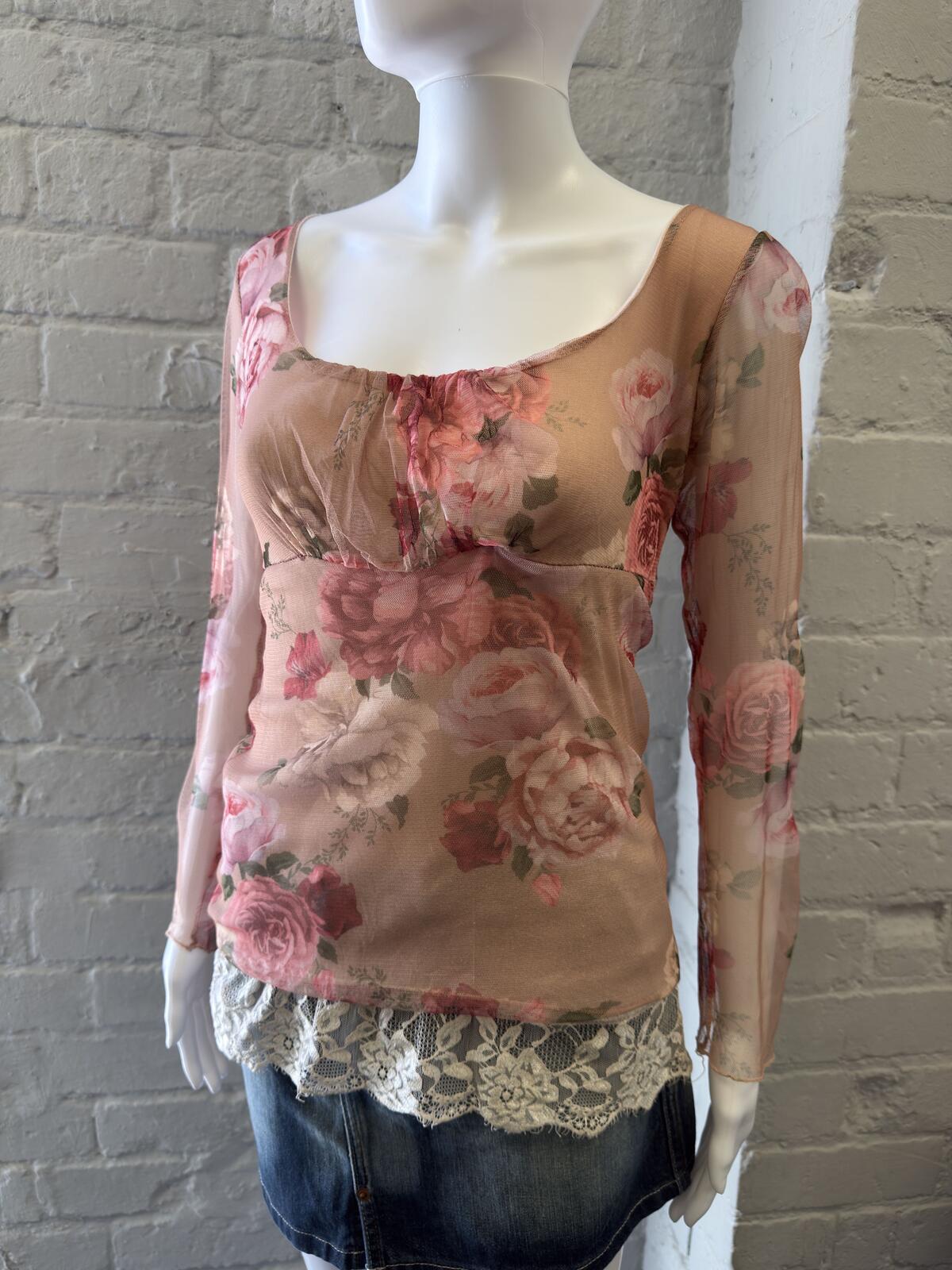 Nuna Lie Floral Mesh Long Sleeve Top with Lace Trim