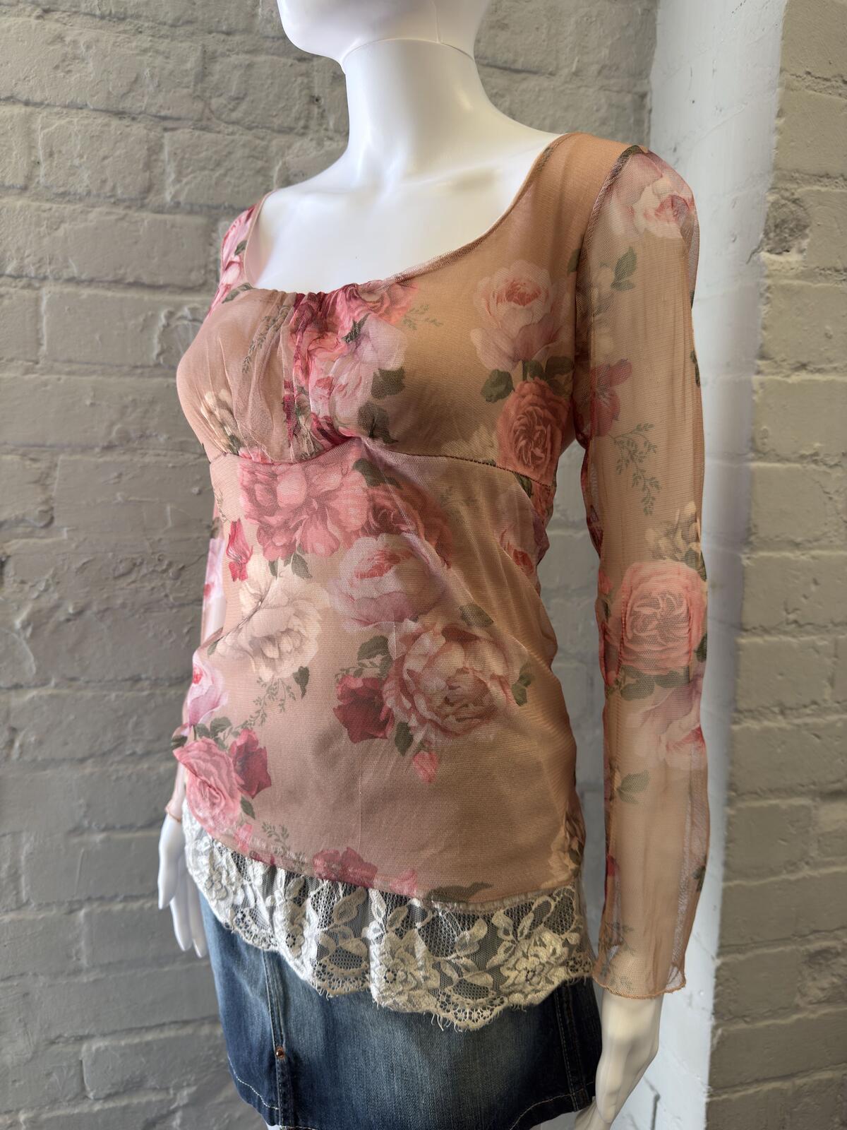 Nuna Lie Floral Mesh Long Sleeve Top with Lace Trim