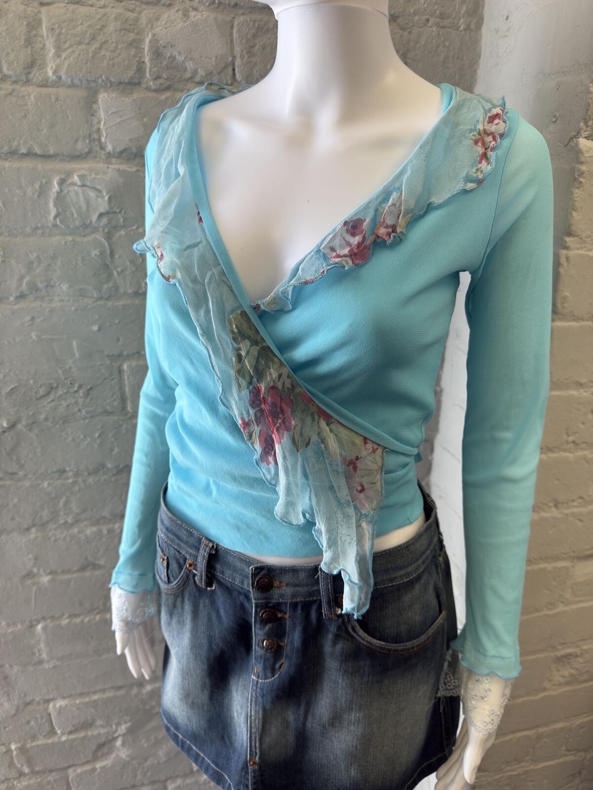Light Blue Silk Wrap Top with Floral Sheer Detail