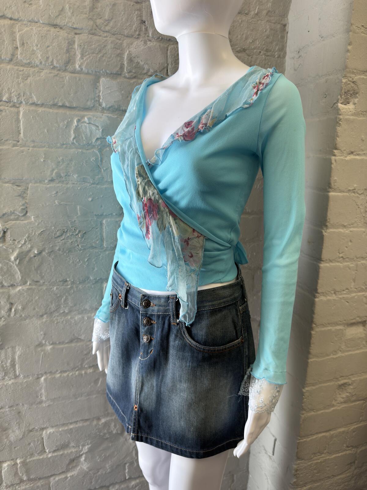 Light Blue Silk Wrap Top with Floral Sheer Detail