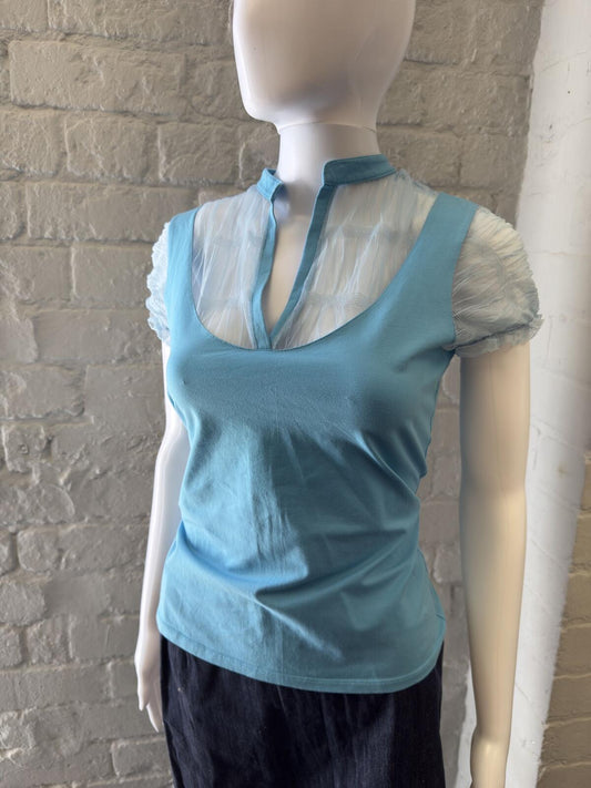 Blue and White Sheer Sleeve Top