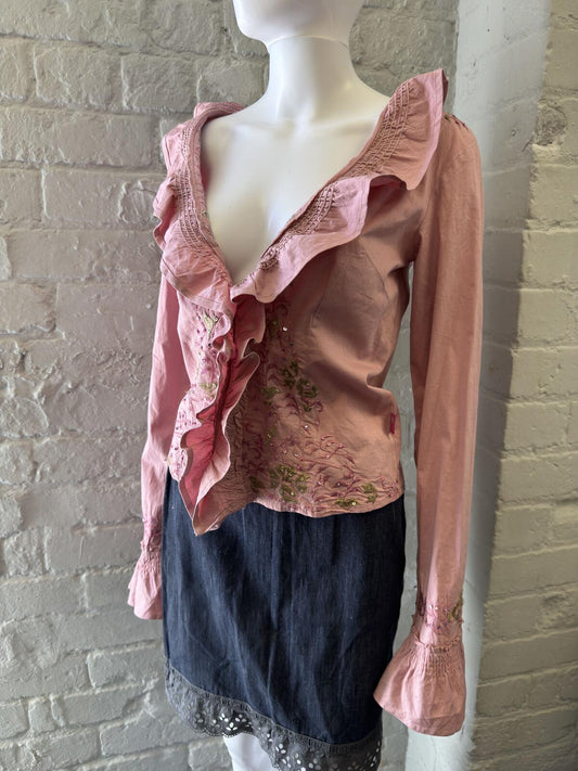 Thannác Pink Ruffle Embroidered Shirt