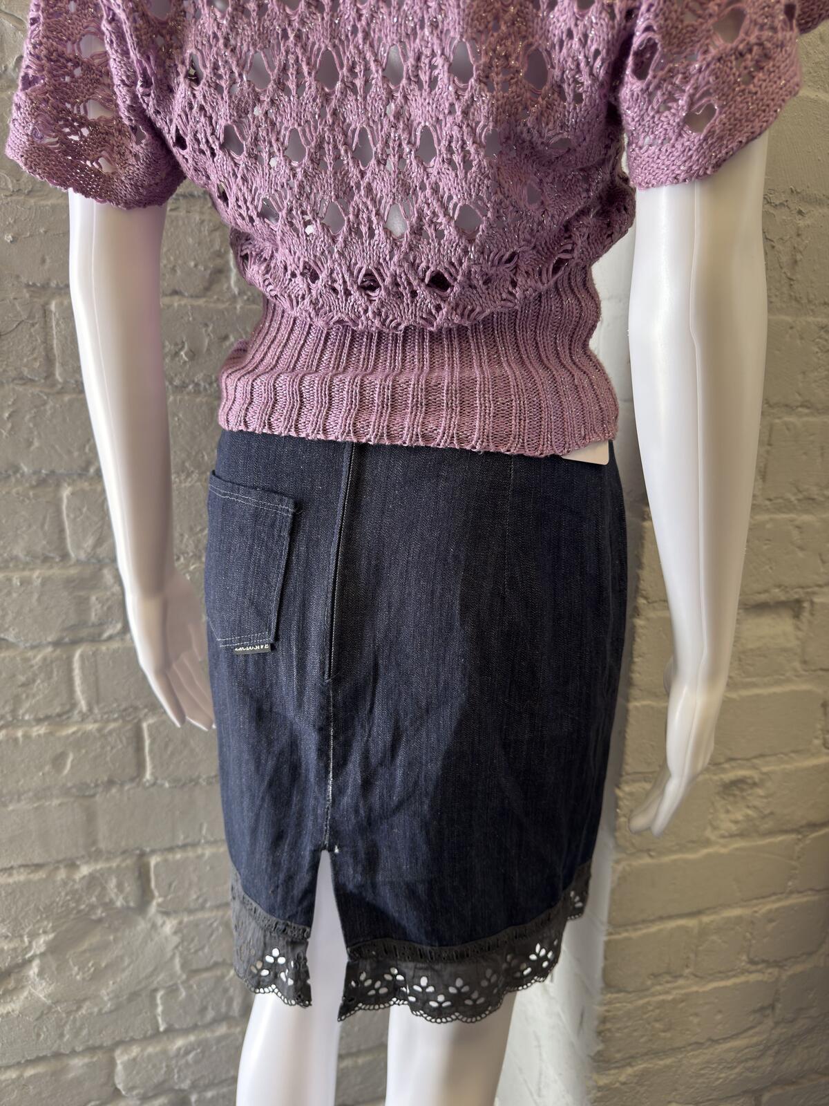 Dark Denim Pencil Skirt with Eyelet Lace Trim