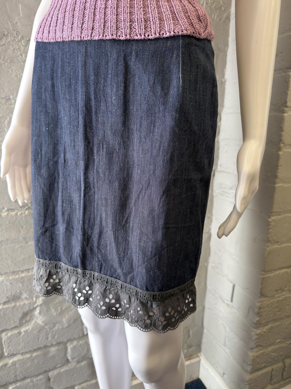 Dark Denim Pencil Skirt with Eyelet Lace Trim