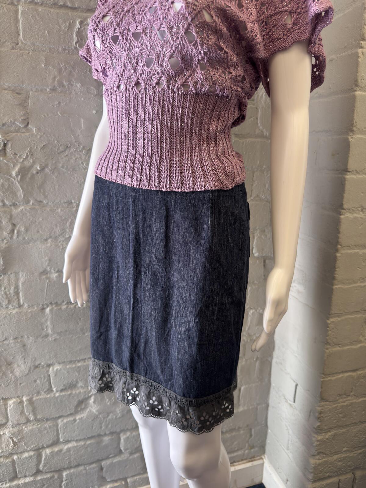 Dark Denim Pencil Skirt with Eyelet Lace Trim