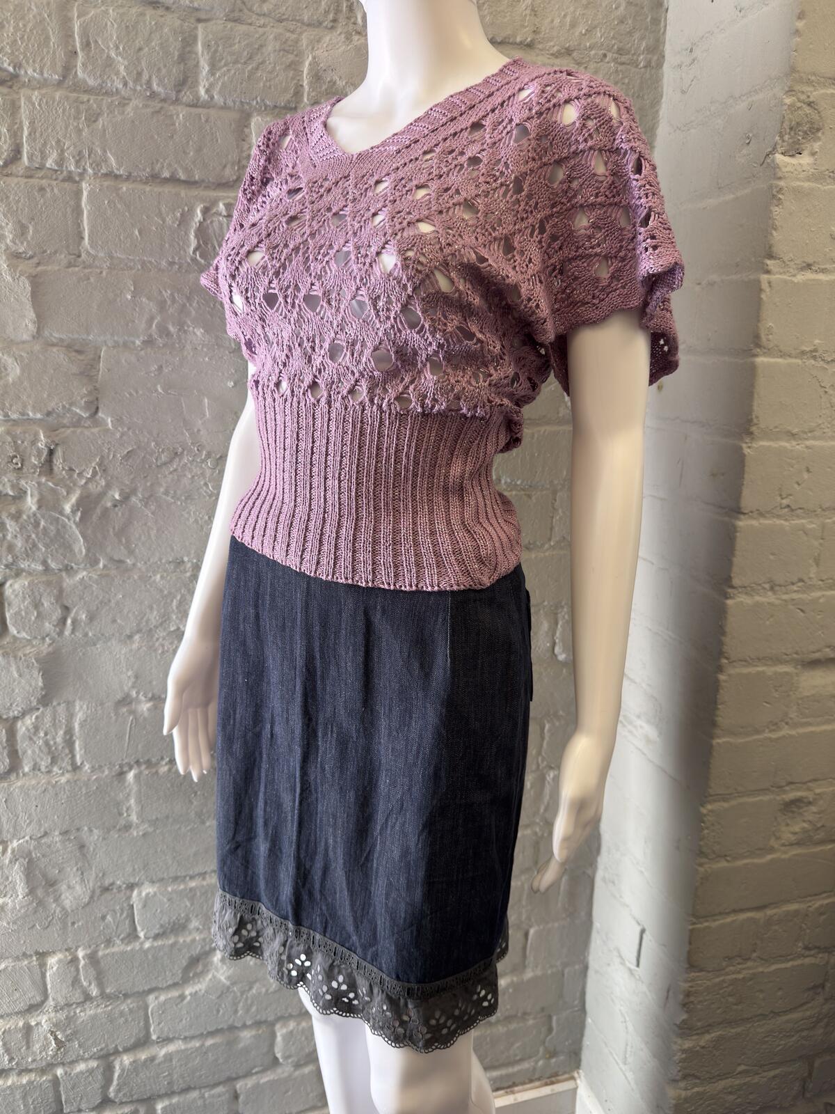 Dark Denim Pencil Skirt with Eyelet Lace Trim